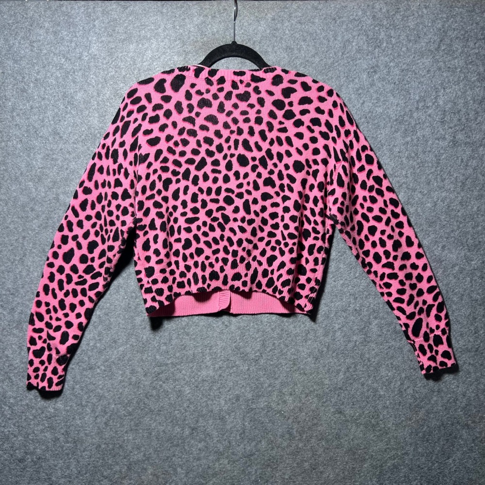 525 America Pink Leopard Print Cotton Cropped Cardigan Sweater Womens Medium - Picture 6 of 6